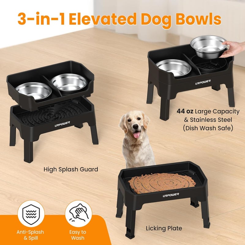 URPOWER 3-in-1 Elevated Dog Bowls - Mess Proof Double Deck 4 Height Adjustable Raised Stand with 2 Stainless Steel Food Bowls & Licking Plate for Small, Medium & Large Dogs - Image 4
